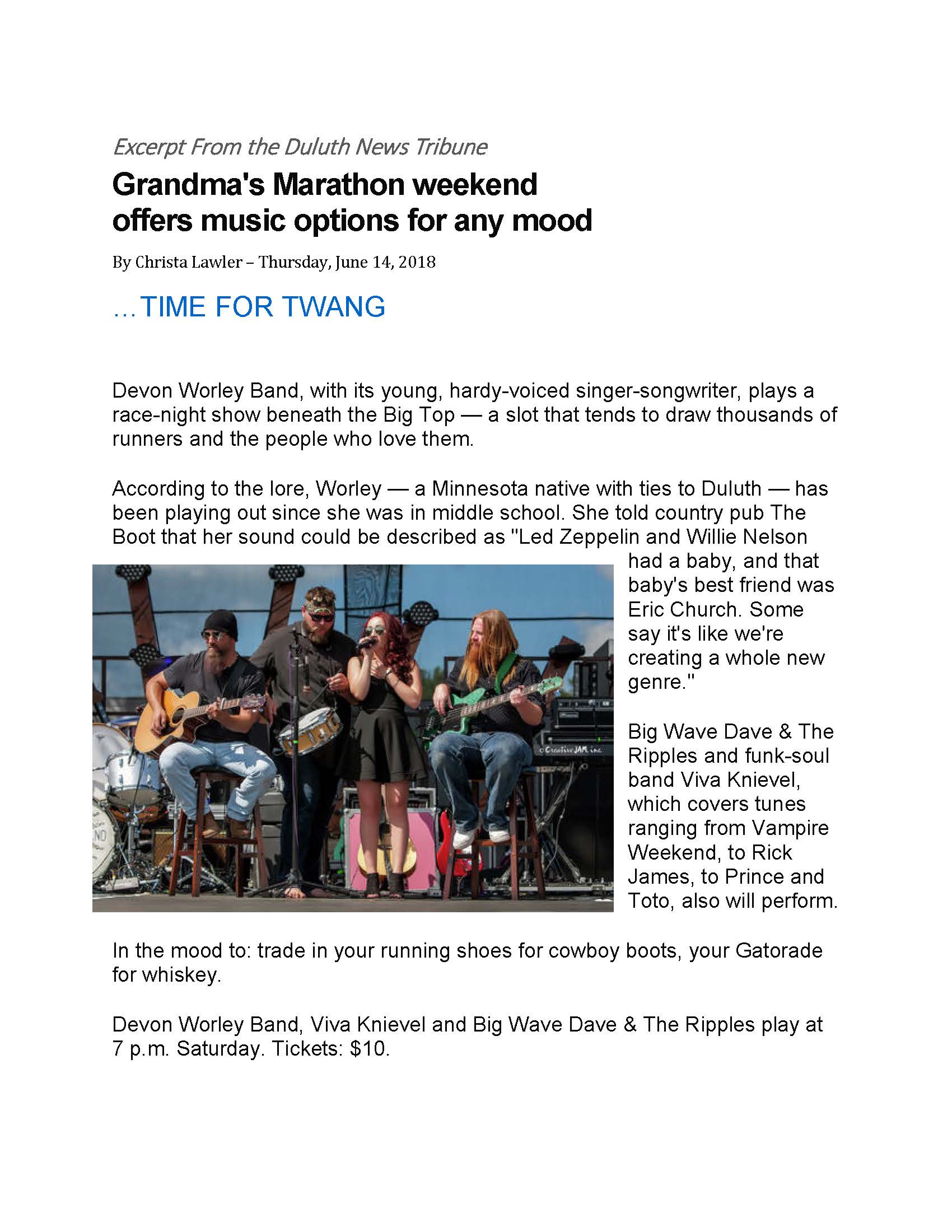 Duluth News Tribune article about Grandma's Marathon Entertainment